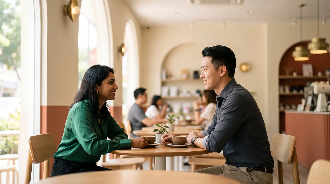 Two people talking at a café table in the afternoon