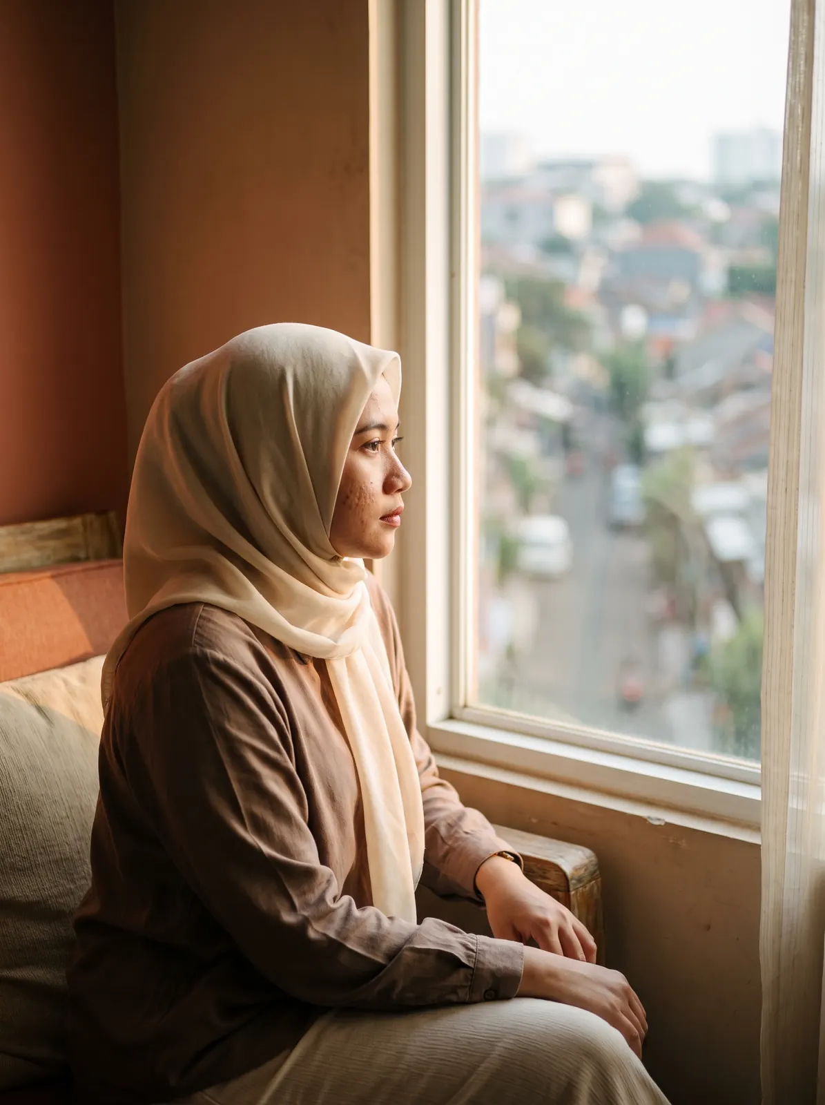 Seorang perempuan duduk di dekat jendela, menatap ke luar