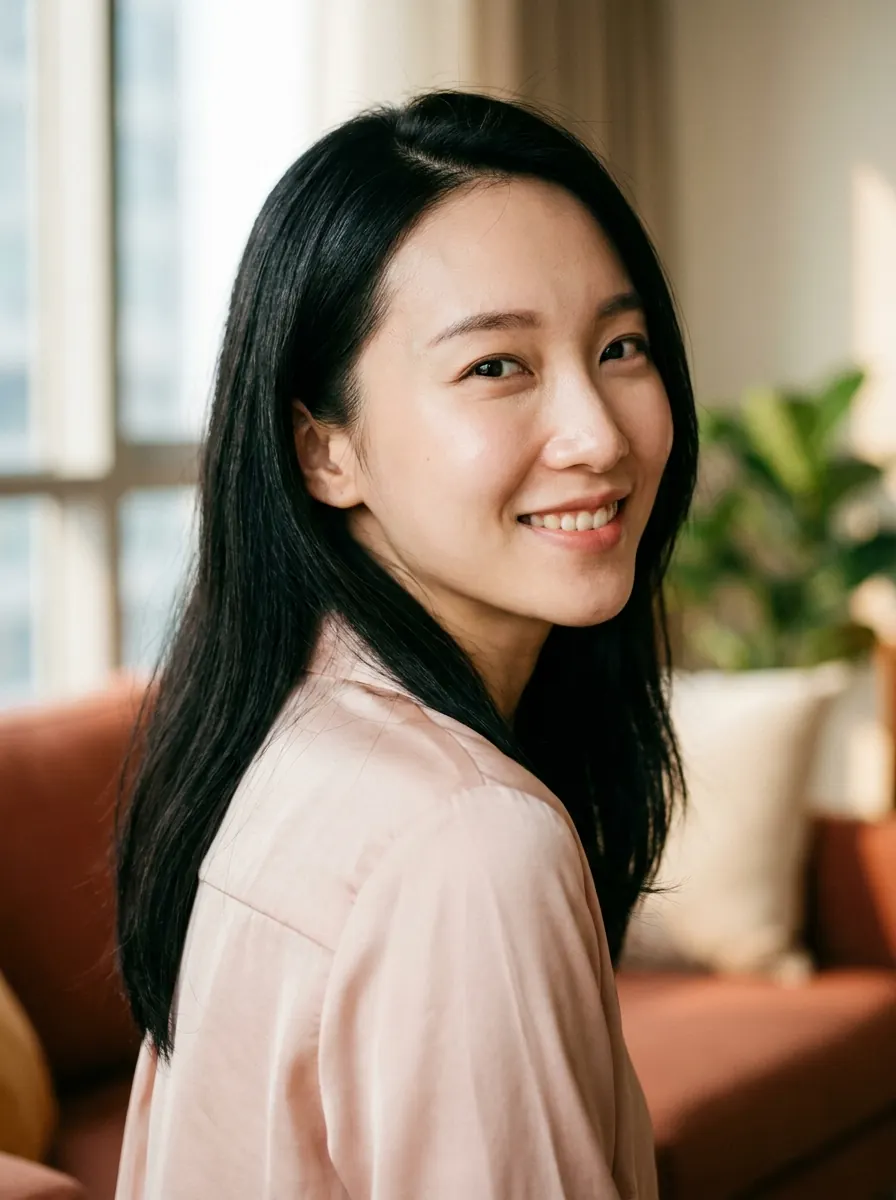 A woman with long straight hair smiling at the camera, a city blurred in the window behind her
