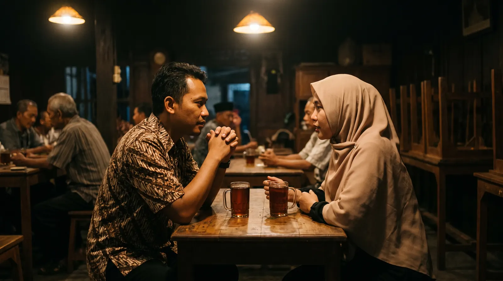 Dua orang berbincang berhadapan di sebuah warung pada malam hari