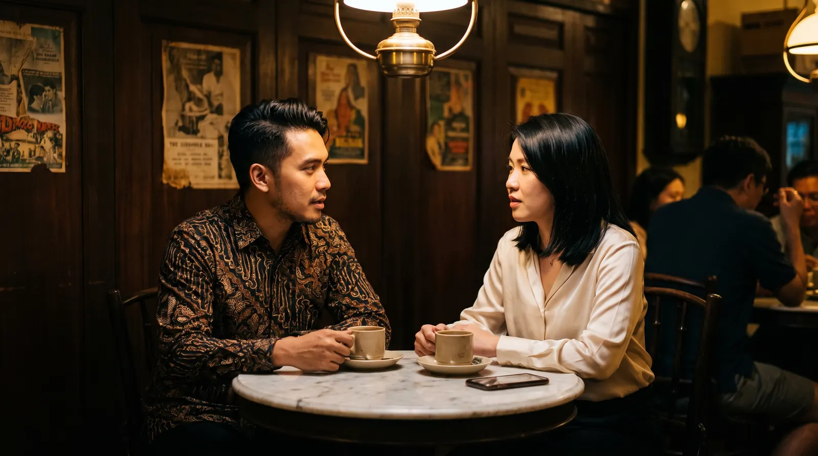 Two people talking across a table at a food stall at night