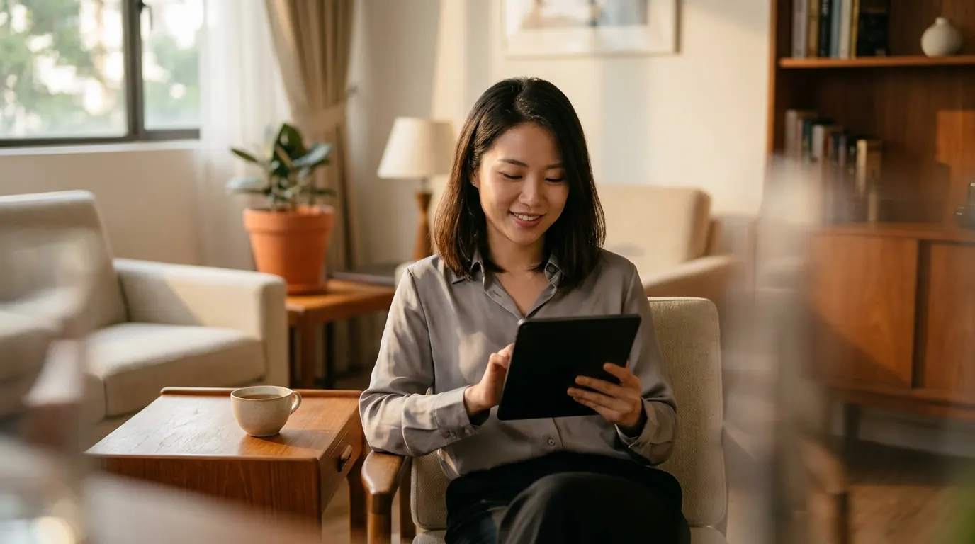 A woman in an armchair reading a tablet, smiling faintly