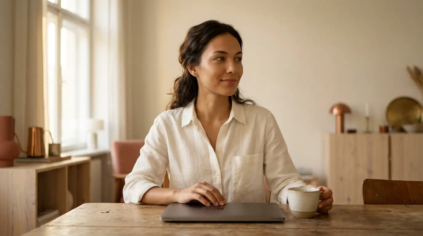 A woman closing a laptop at a table, a cup in her hand, looking towards the window