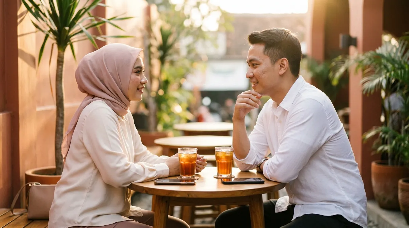 Two people talking across a cafรฉ table in the late afternoon light