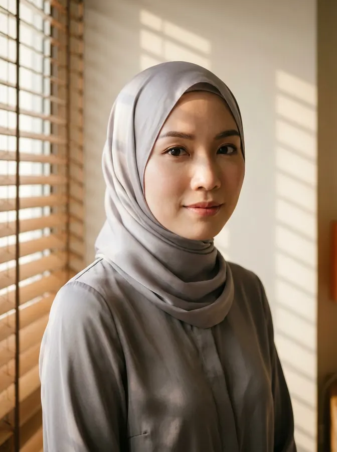 A woman in a hijab standing by a window with wooden blinds