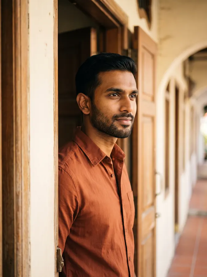 A man standing in the doorway of a shophouse