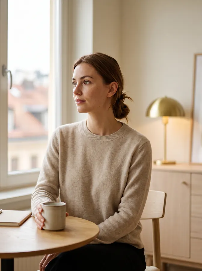 A woman sitting at a kitchen table with a cup of coffee